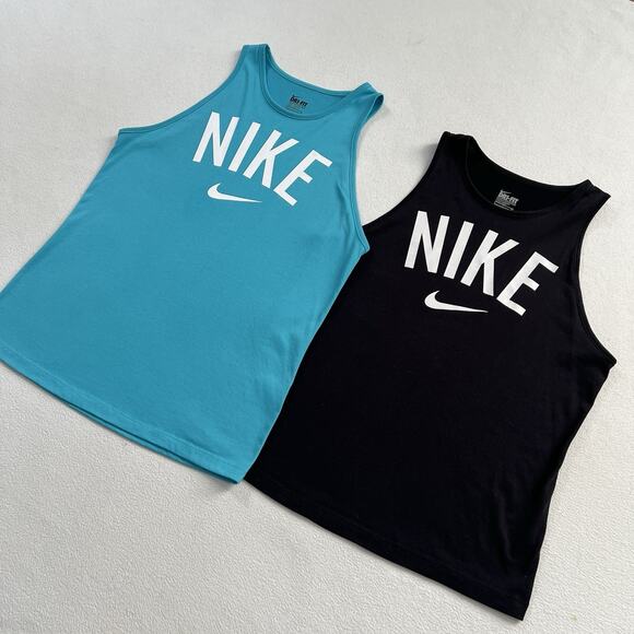 2 Nike Women Dri-Fit Blue Black Spell Out Swish Logo Athletic Tank Top Lot S - Picture 2 of 9